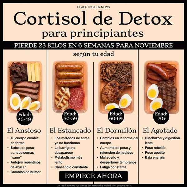 An educational ad creative segmented by age groups to show tailored diet plans for stress management and weight loss.